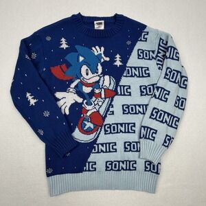 Sonic the Hedgehog Kids Blue Snowboarding Holiday Knit Sweater Medium M